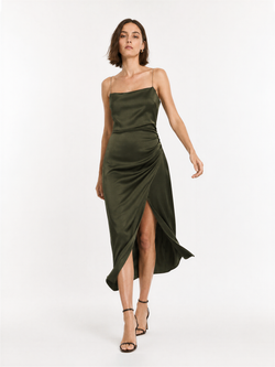 Zara Women's Satin Effect Beaded Slip Midi Dress Small Green Khaki Nwot