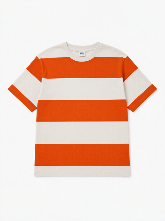 Zara Women's Orange T-Shirt – Size S, Striped, Short Sleeve