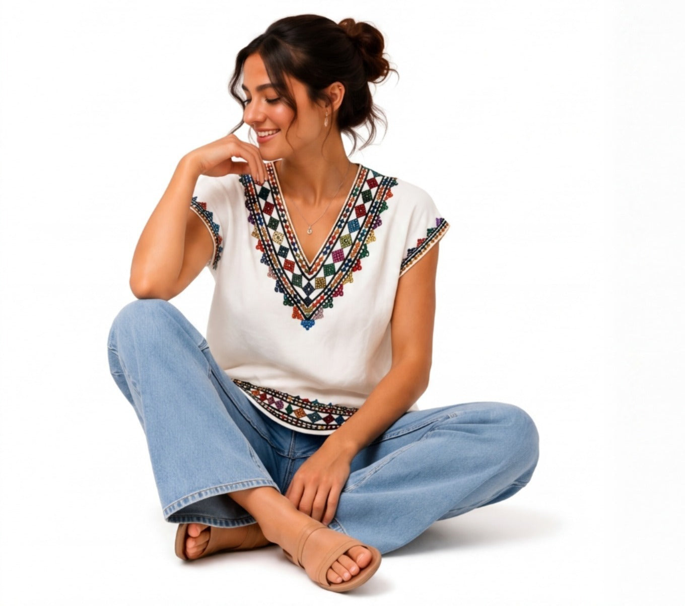 Handmade Embroidered Kurta Tunic Top | White with Red Embroidery | V-Neck | Size S