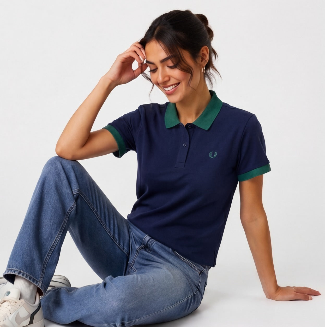 Fred Perry Women's Polo Shirt | Blue with Green Trim & Embroidered Laurel | Pre-Loved | Size S