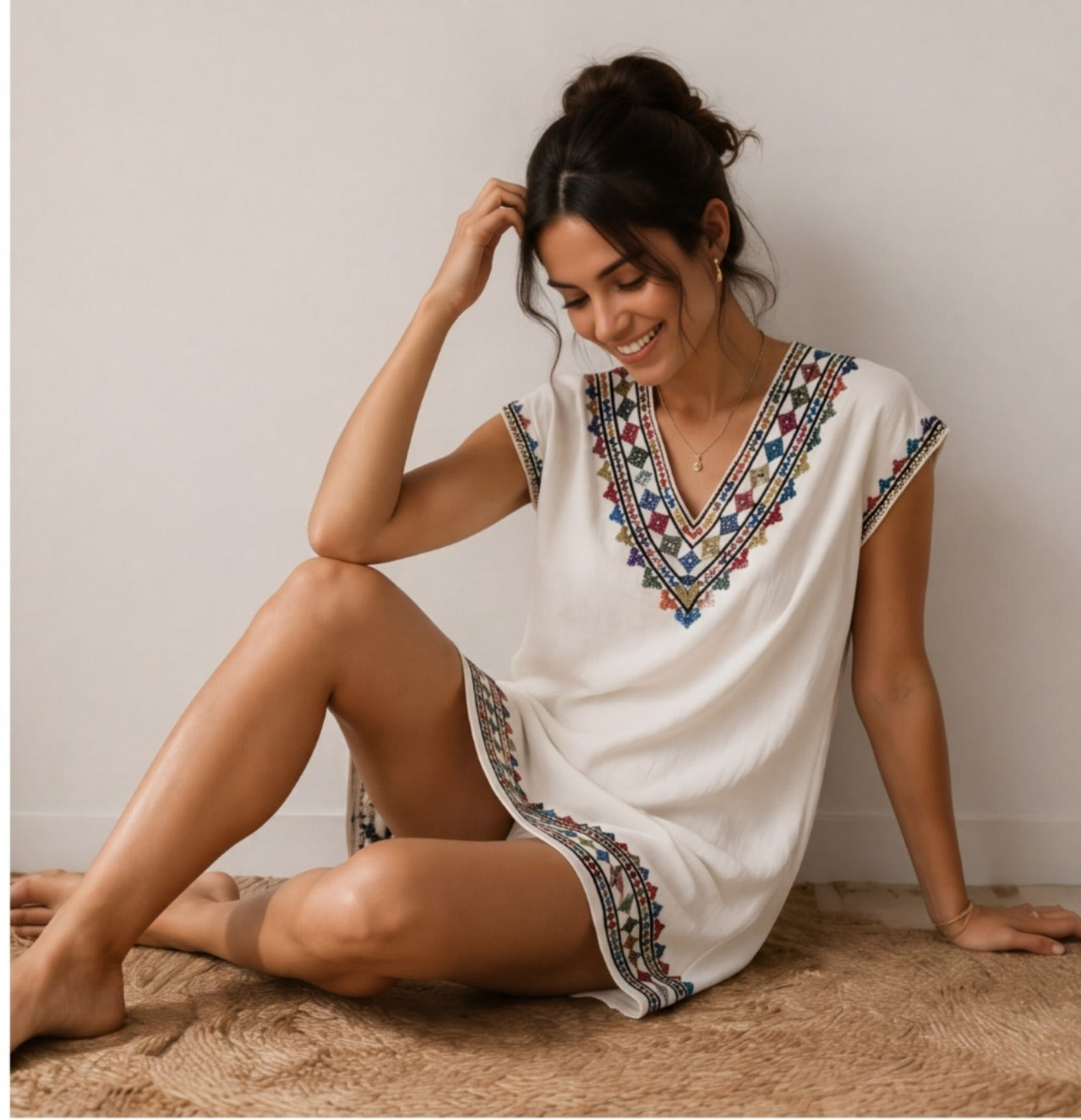 Handmade Embroidered Kurta Tunic Top | White with Red Embroidery | V-Neck | Size S