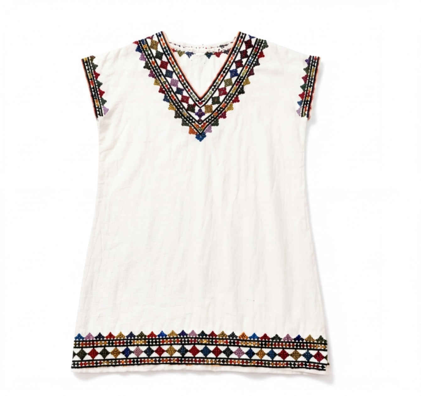 Handmade Embroidered Kurta Tunic Top | White with Red Embroidery | V-Neck | Size S