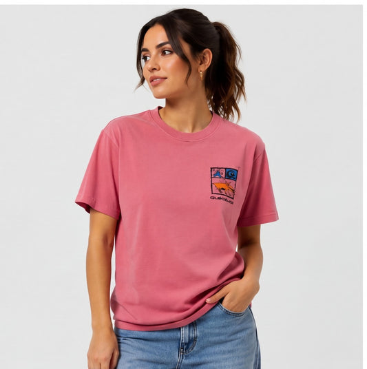 Vintage 90s Quiksilver Graphic T-Shirt | Pink Short Sleeve | Size L