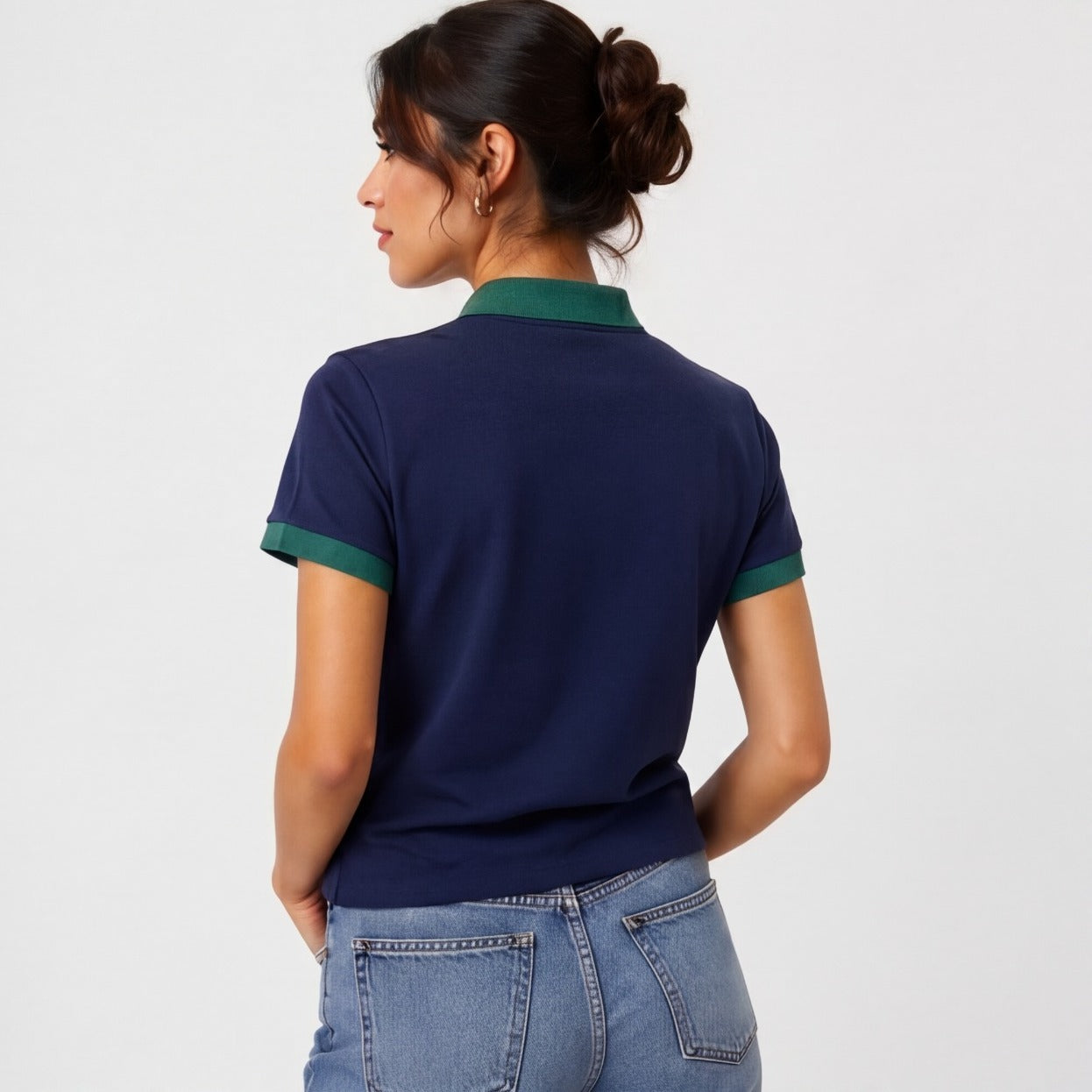Fred Perry Women's Polo Shirt | Blue with Green Trim & Embroidered Laurel | Pre-Loved | Size S