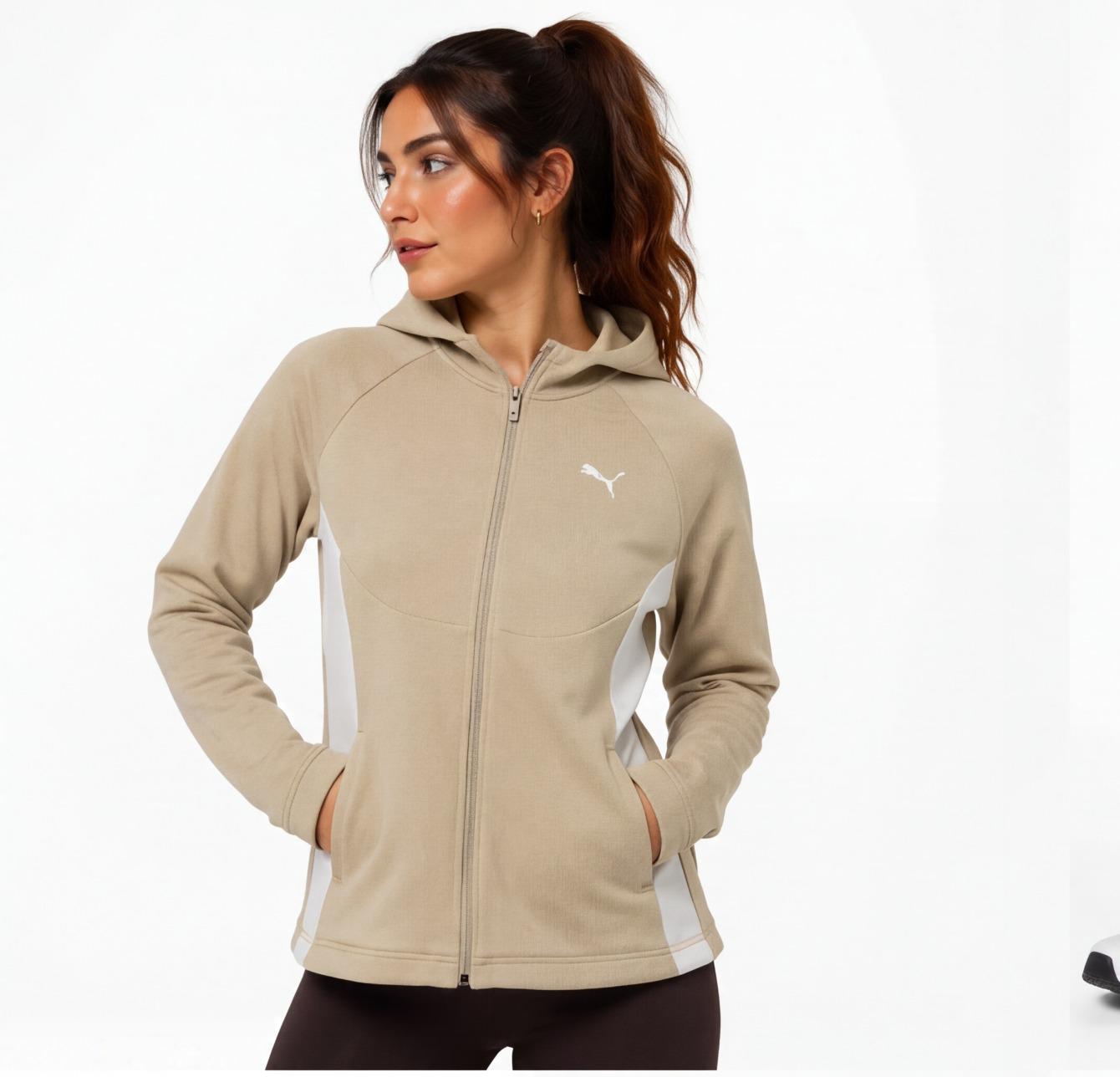 Puma Women's Zip-Up Hoodie | Beige with Logo & Pockets | Pre-Loved | Size XL