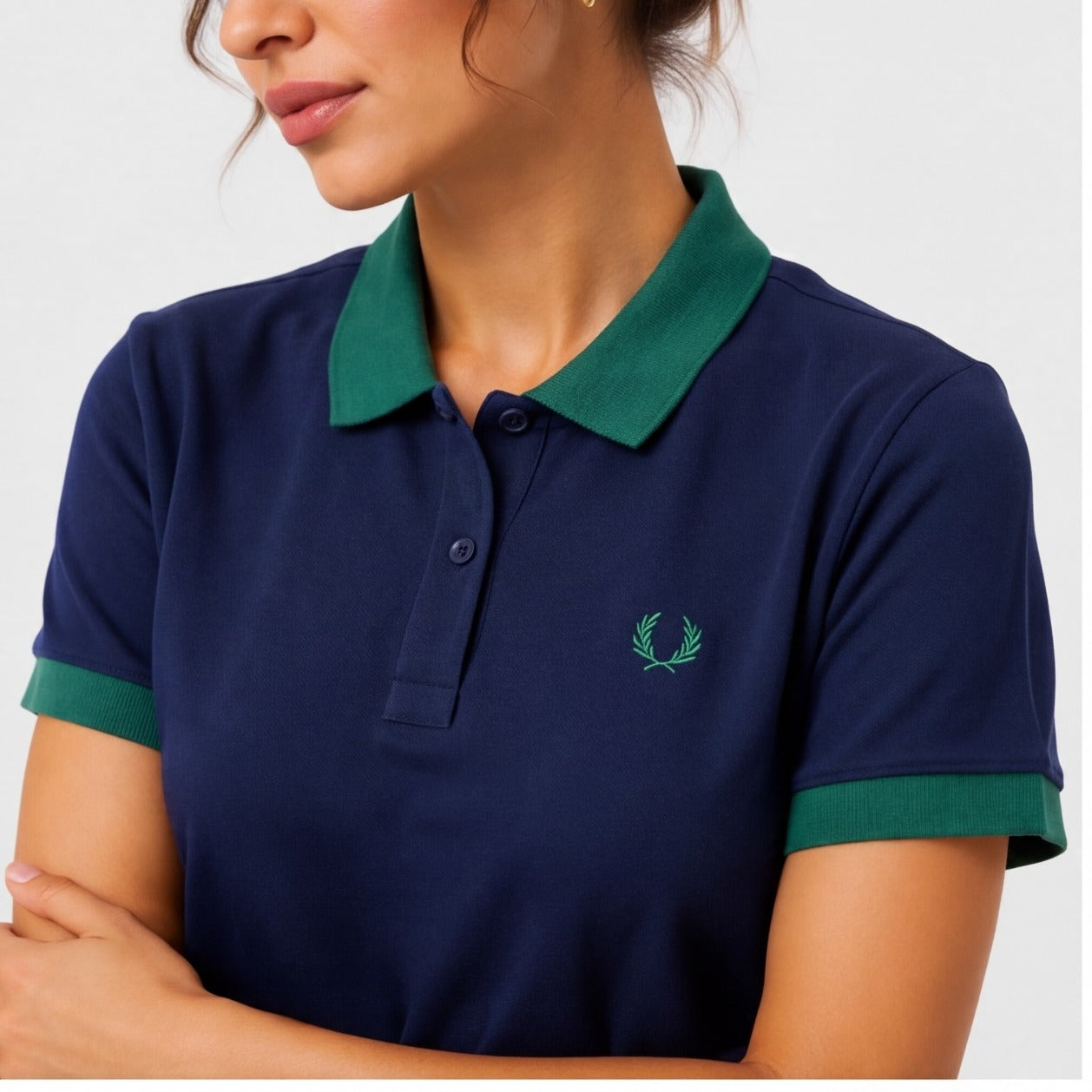 Fred Perry Women's Polo Shirt | Blue with Green Trim & Embroidered Laurel | Pre-Loved | Size S