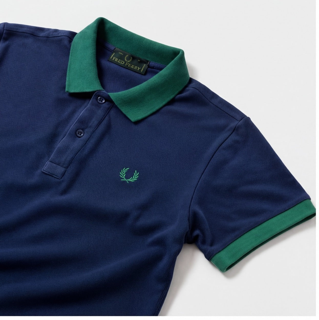 Fred Perry Women's Polo Shirt | Blue with Green Trim & Embroidered Laurel | Pre-Loved | Size S