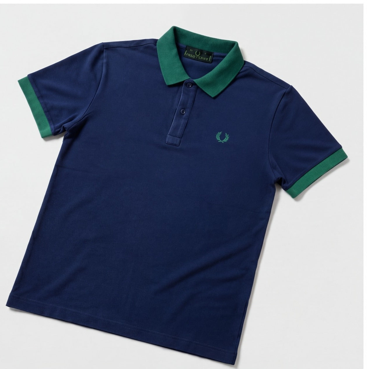 Fred Perry Women's Polo Shirt | Blue with Green Trim & Embroidered Laurel | Pre-Loved | Size S
