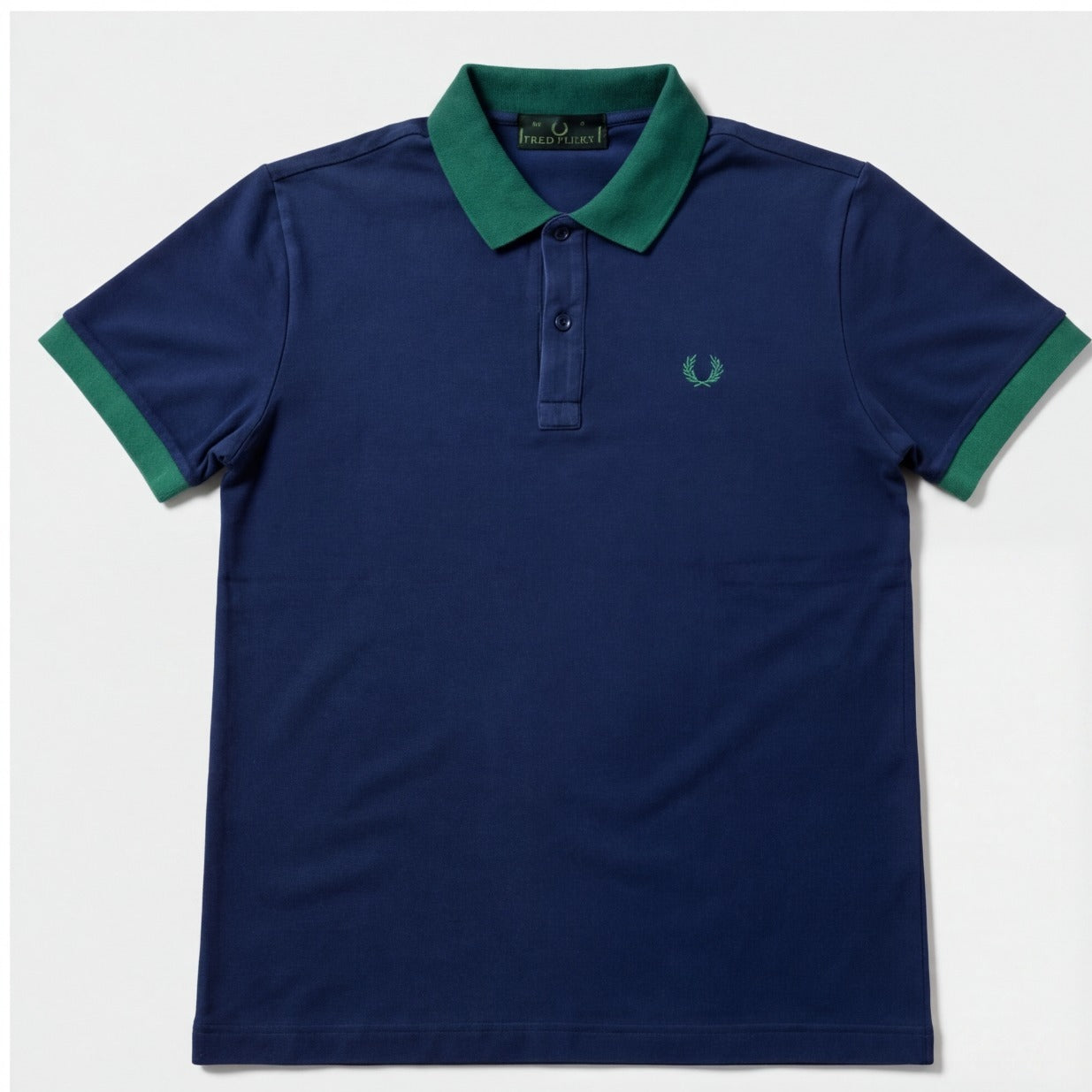 Fred Perry Women's Polo Shirt | Blue with Green Trim & Embroidered Laurel | Pre-Loved | Size S