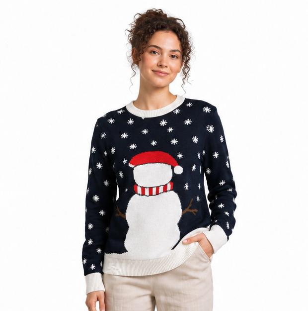 Christmas Snowman Multicolor Knit Sweater — Unisex Size S | Crew Neck | Holiday Jumper | Pre-Loved