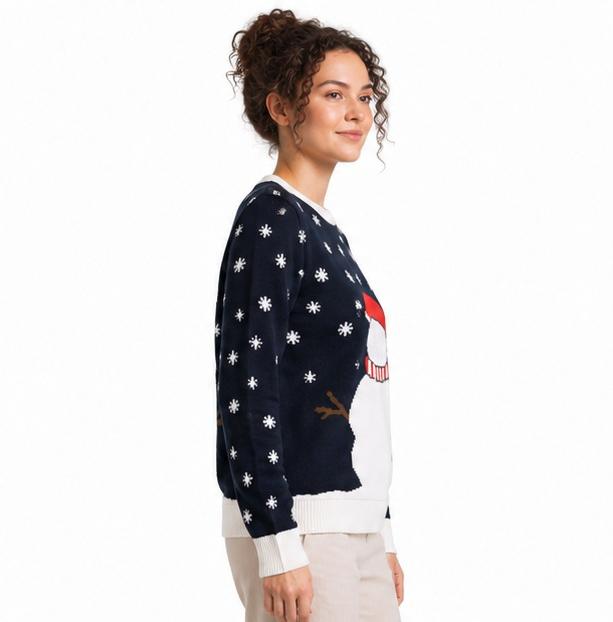 Christmas Snowman Multicolor Knit Sweater — Unisex Size S | Crew Neck | Holiday Jumper | Pre-Loved