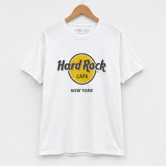 Hard Rock Cafe Unisex White T-Shirt – Size M, New York 100 Pre-Loved, Graphic