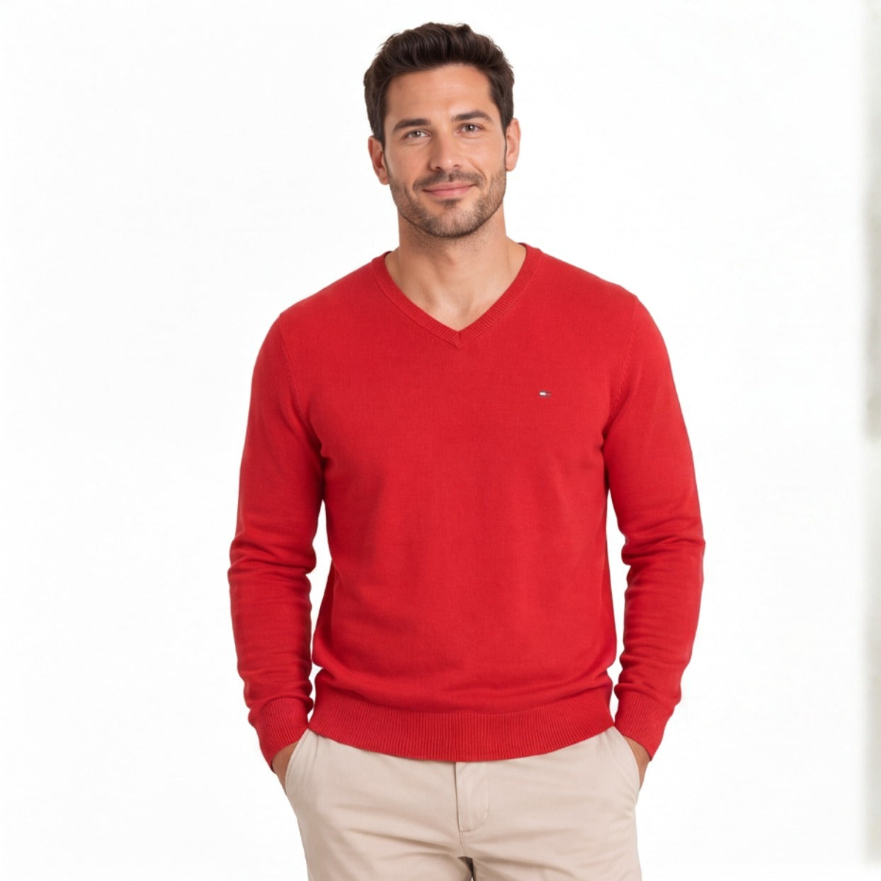 Tommy Hilfiger Red V-Neck Sweater L Cotton Knit Men's Pullover