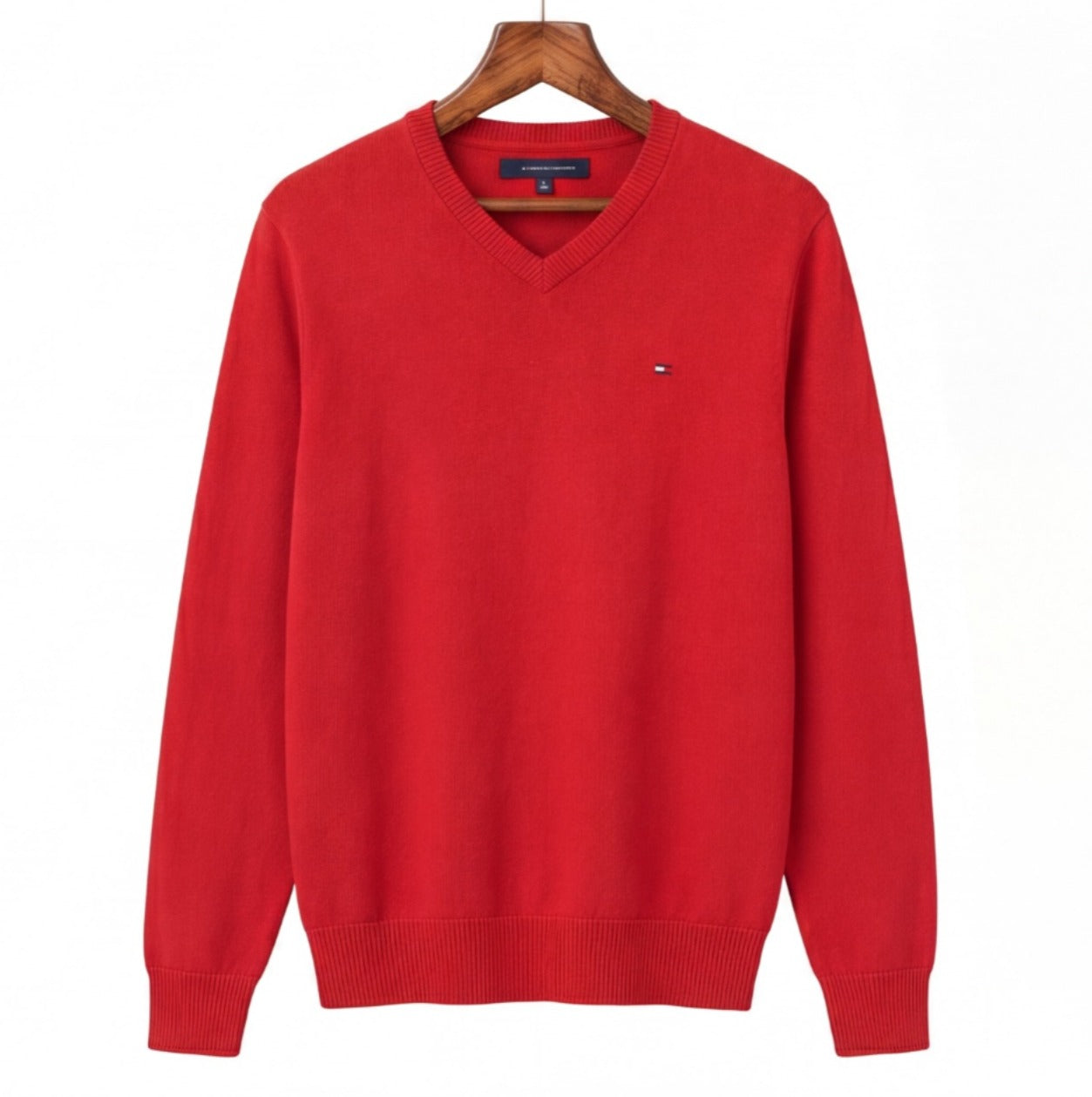 Tommy Hilfiger Red V-Neck Sweater L Cotton Knit Men's Pullover