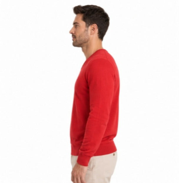 Tommy Hilfiger Red V-Neck Sweater L Cotton Knit Men's Pullover