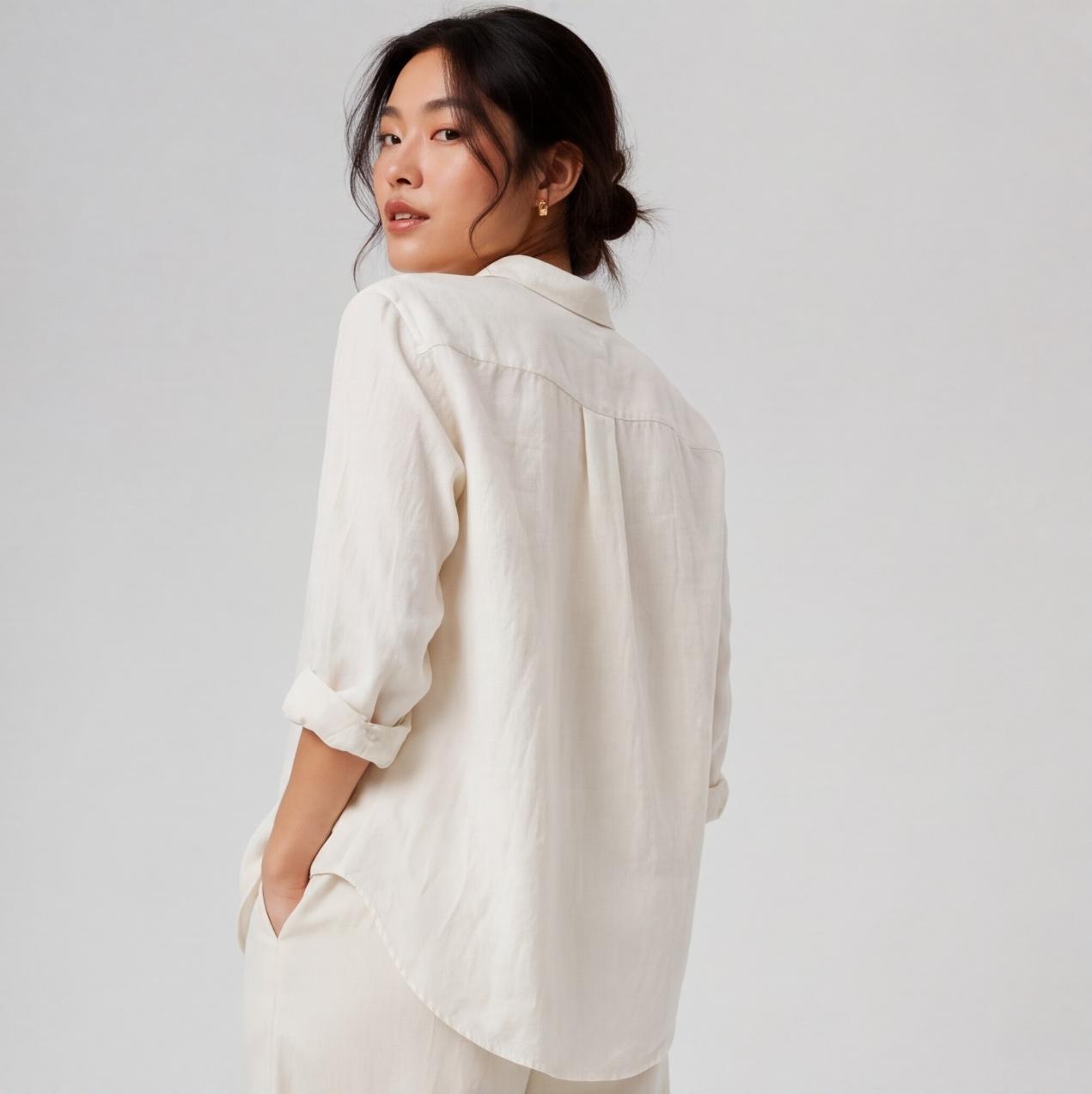 Women's Linen Button-Up Shirt — Pastel Yellow Relaxed Fit High-Low Hem | Pre-Loved | Size 10