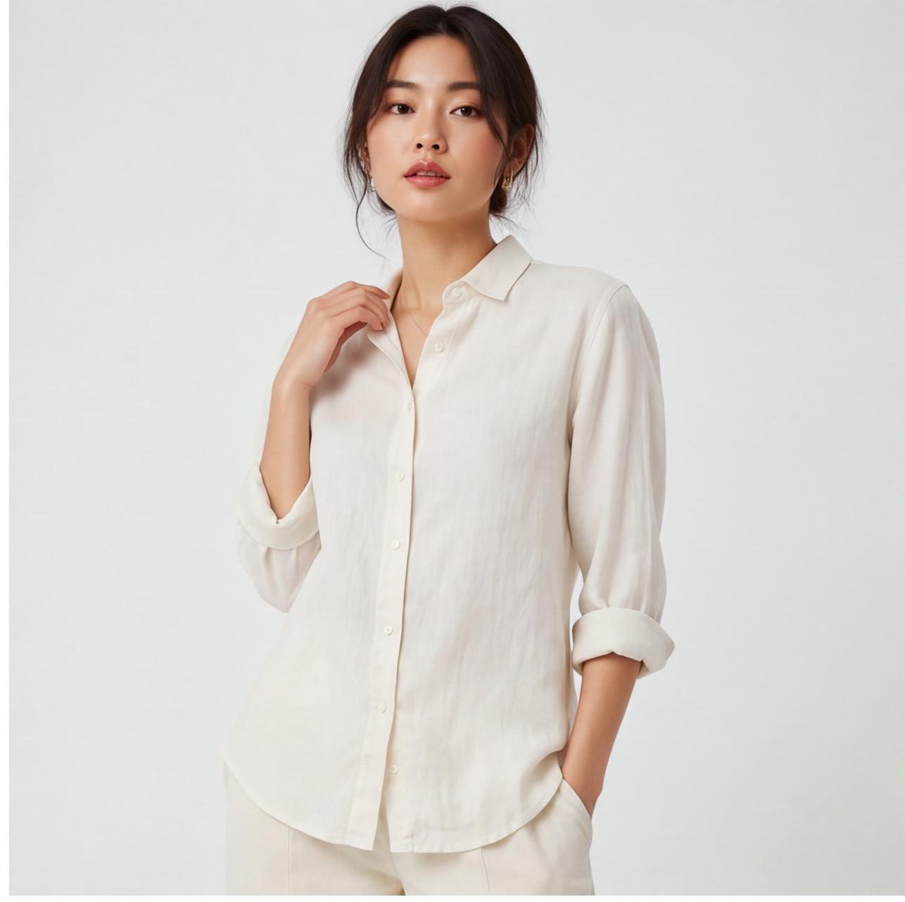 Women's Linen Button-Up Shirt — Pastel Yellow Relaxed Fit High-Low Hem | Pre-Loved | Size 10