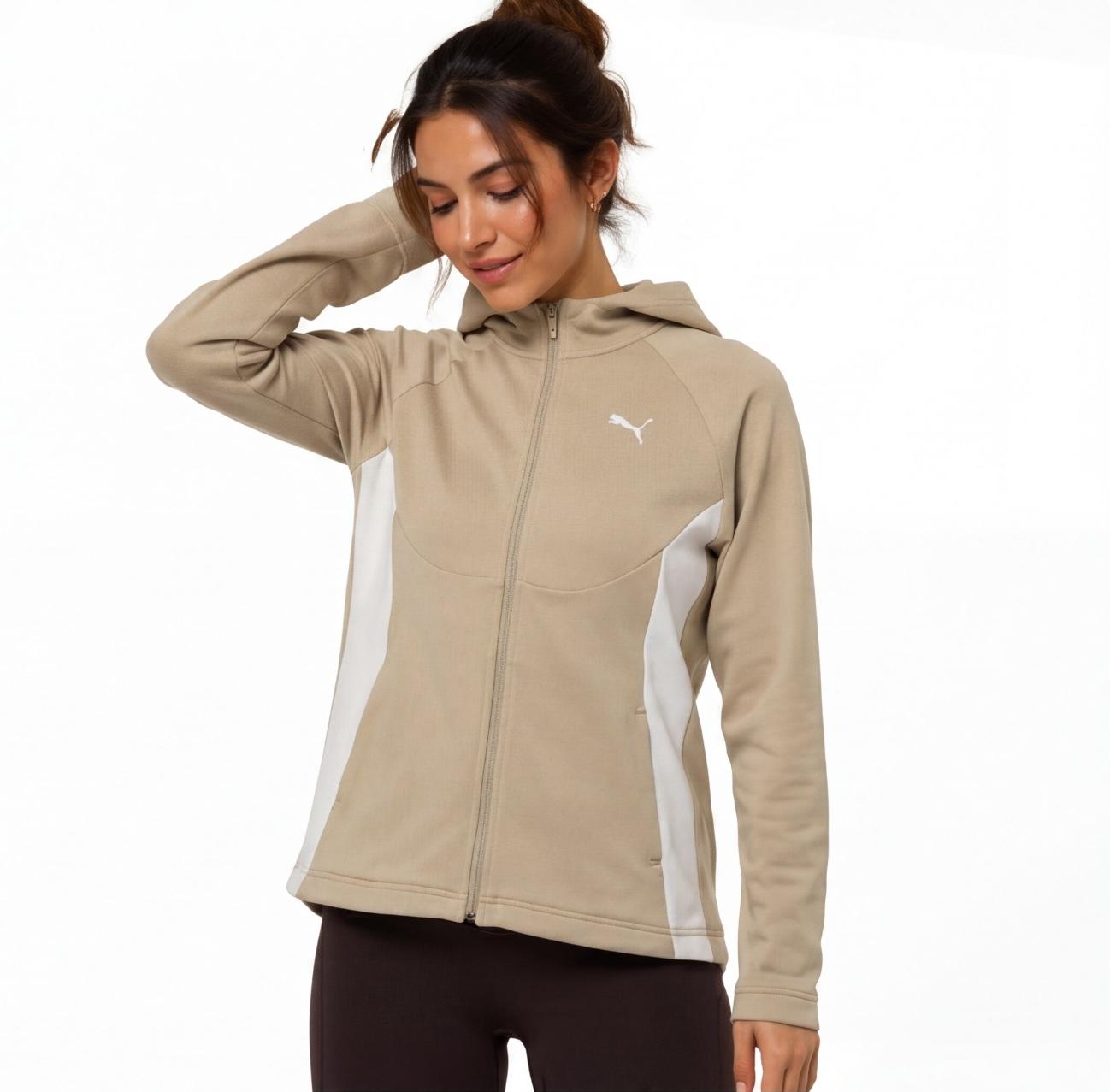 Puma Women's Zip-Up Hoodie | Beige with Logo & Pockets | Pre-Loved | Size XL