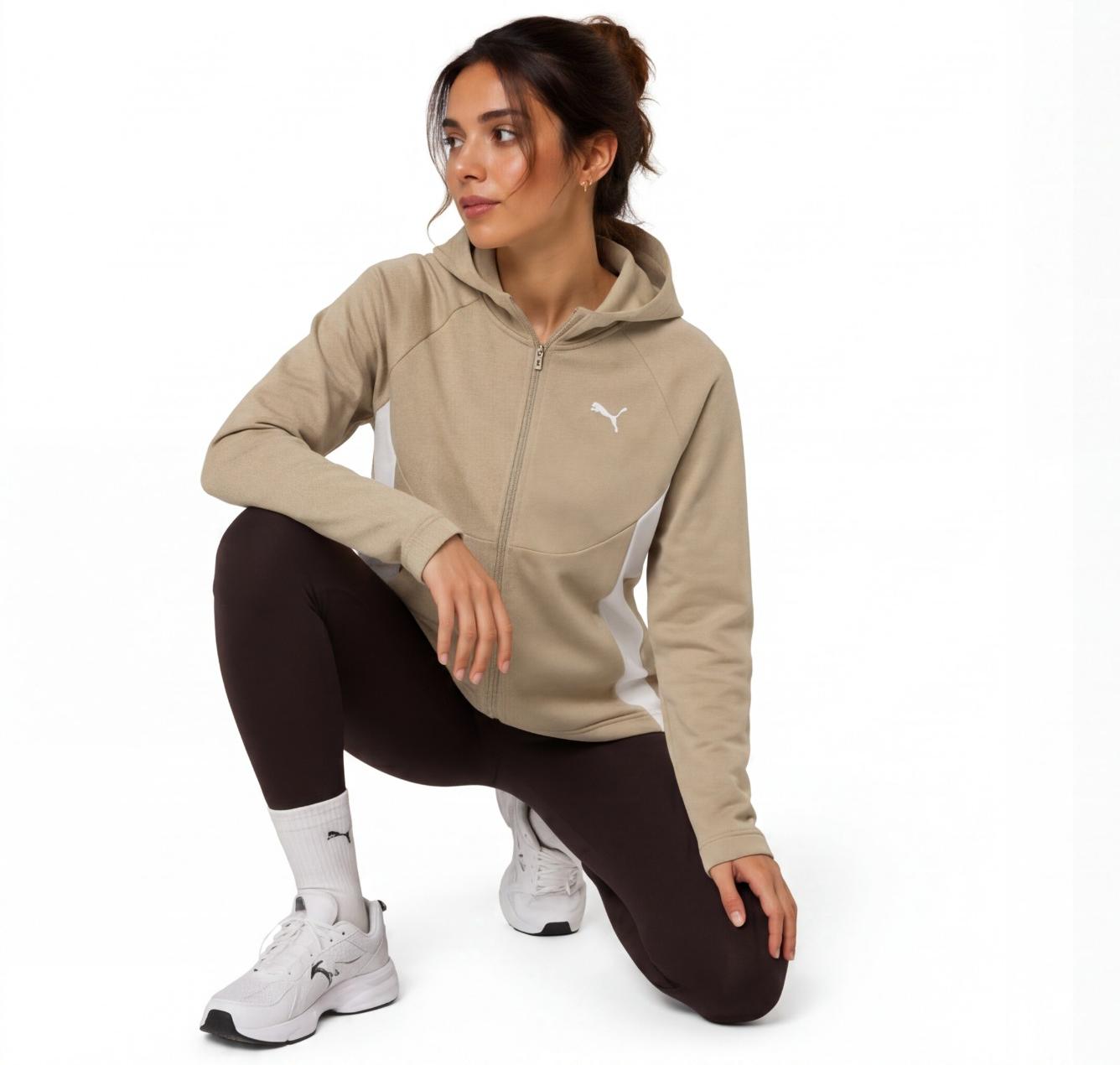 Puma Women's Zip-Up Hoodie | Beige with Logo & Pockets | Pre-Loved | Size XL