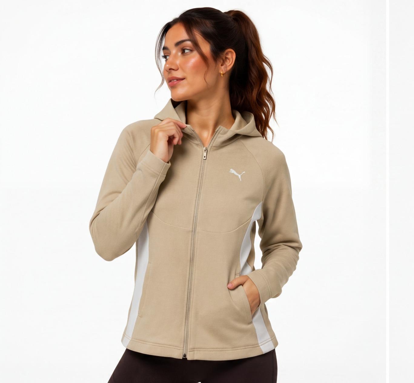 Puma Women's Zip-Up Hoodie | Beige with Logo & Pockets | Pre-Loved | Size XL
