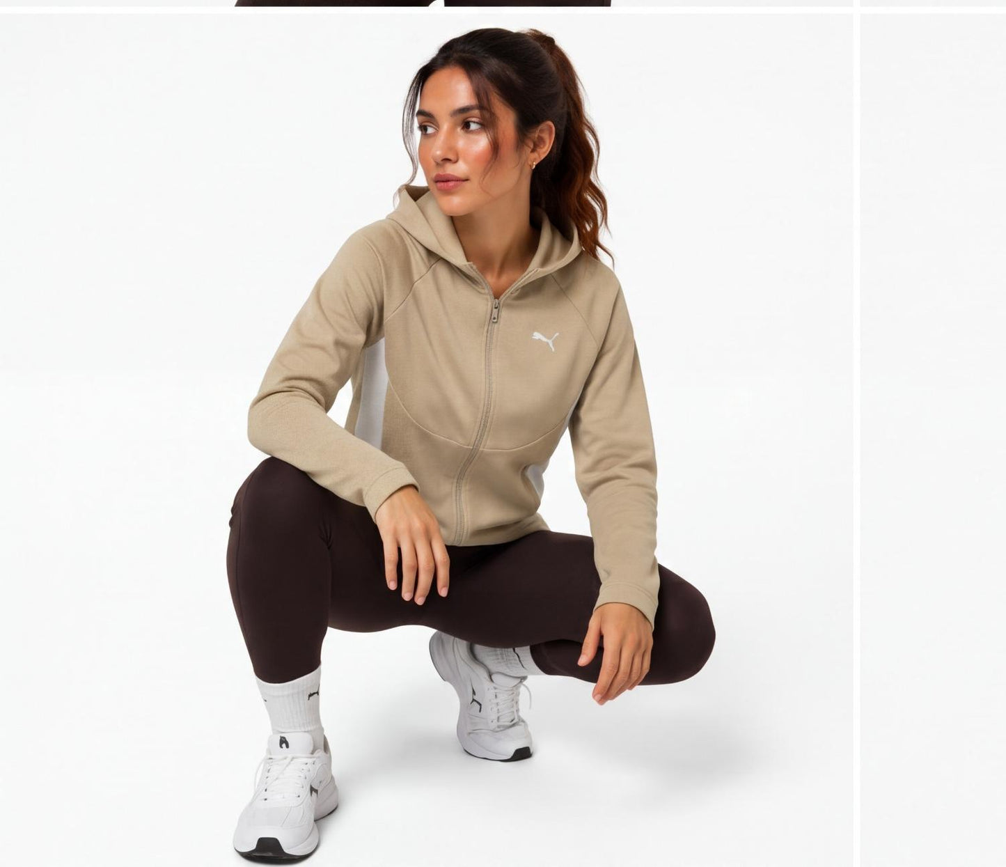 Puma Women's Zip-Up Hoodie | Beige with Logo & Pockets | Pre-Loved | Size XL
