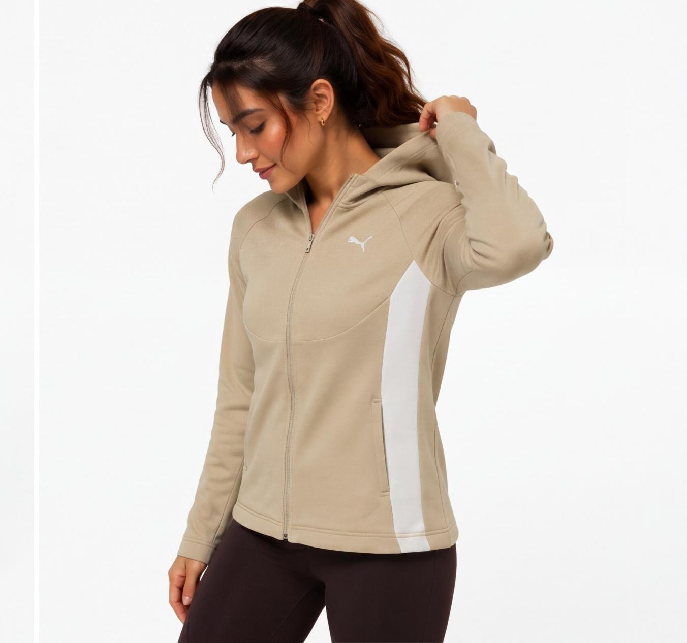 Puma Women's Zip-Up Hoodie | Beige with Logo & Pockets | Pre-Loved | Size XL