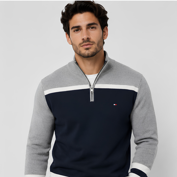 Tommy Hilfiger 1/4 Zip Sweater – Navy Stripe | Pre-Loved Men's Size L | Artistic Haul