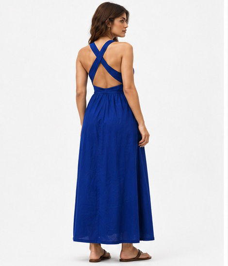 Giorgio Armani Draped Satin Jersey Crossed Back Midi Dress Blue 40 BNWT