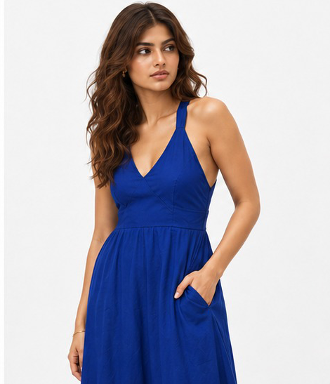 Giorgio Armani Draped Satin Jersey Crossed Back Midi Dress Blue 40 BNWT